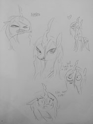 Size: 1440x1920 | Tagged: safe, artist:tjpones, queen chrysalis, changeling, changeling queen, g4, blushing, bust, cute, cutealis, dialogue, female, heart, hissing, i'm not cute, lineart, pencil drawing, sharp teeth, simple background, sketch, sketch dump, solo, teeth, traditional art