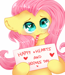Size: 2000x2300 | Tagged: safe, artist:etoz, fluttershy, pegasus, pony, g4, blushing, bust, cute, eyebrows, eyebrows down, female, floppy ears, front view, full face view, happy, happy valentines day, heart, heart eyes, hearts and hooves day, high res, holiday, hoof hold, looking up, looking up at you, mare, mouth hold, pencil, portrait, shyabetes, sign, simple background, smiling, solo, valentine's day, white background, wingding eyes