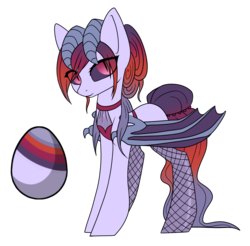 Size: 2691x2643 | Tagged: safe, artist:kxttponies, oc, oc only, bat pony, pony, bat pony oc, egg, female, fishnet stockings, high res, horns, simple background, slit pupils, solo, transparent background