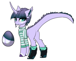 Size: 2500x2008 | Tagged: safe, artist:kxttponies, oc, oc only, dracony, hybrid, clothes, egg, female, high res, shoes, simple background, solo, sweater, transparent background