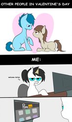 Size: 2412x4096 | Tagged: safe, artist:waffletheheadmare, oc, oc only, oc:wafflehead, blue coat, blue eyes, blue mane, brown mane, comic, desk, female, half-closed eyes, heart, holiday, male, mare, meme, screen, simple background, smiling, stallion, text, valentine's day, waffle cone, wafflecorn, white coat