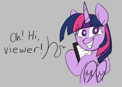 Size: 2016x1444 | Tagged: safe, artist:taaffeiite, derpibooru exclusive, twilight sparkle, alicorn, pony, g4, book, dialogue, female, fourth wall, fourth wall break, gray background, looking, looking at you, mare, simple background, smiling, speech bubble, talking to viewer, twilight sparkle (alicorn)