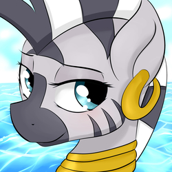 Size: 3000x3000 | Tagged: safe, artist:dashy21, zecora, pony, zebra, g4, bust, ear piercing, earring, female, high res, jewelry, lidded eyes, looking at you, piercing, portrait, smiling, solo