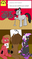 Size: 888x1603 | Tagged: safe, artist:tumble-trotter, oc, oc:pun, oc:ugly pony, oc:vaudeville, oc:vexin, hybrid, zony, ask pun, ask, female, male, mare, microphone, paper bag, stallion