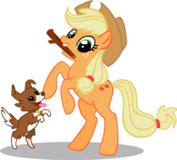 Size: 623x563 | Tagged: safe, applejack, winona, dog, pony, g4, behaving like a dog, bipedal, freckles, good dog, hat, playing, rearing, silly, silly pony, simple background, stick, transparent background, who's a silly pony