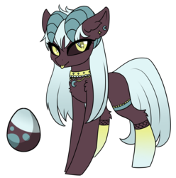 Size: 2500x2519 | Tagged: safe, artist:kxttponies, oc, oc only, pony, black sclera, clothes, egg, female, high res, horns, mare, simple background, socks, solo, tongue out, transparent background