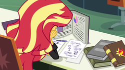 Size: 1920x1080 | Tagged: safe, screencap, sunset shimmer, equestria girls, g4, my little pony equestria girls: friendship games, book, female, pen, solo