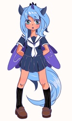 Size: 767x1280 | Tagged: dead source, safe, artist:魔法绚烂美少年, princess luna, human, g4, alicorn humanization, clothes, eared humanization, female, horn, horned humanization, humanized, school uniform, solo, tailed humanization, winged humanization, wings