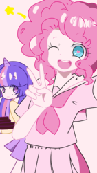 Size: 1440x2560 | Tagged: dead source, safe, artist:魔法绚烂美少年, pinkie pie, twilight sparkle, human, g4, clothes, duo, female, horn, horned humanization, humanized, peace sign, school uniform
