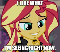 Size: 519x451 | Tagged: safe, edit, edited screencap, screencap, sunset shimmer, equestria girls, friendship games, g4, bedroom eyes, caption, image macro, smiling, text