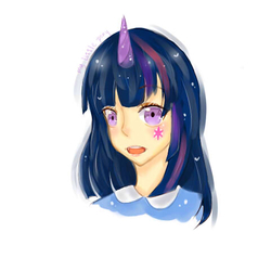 Size: 480x480 | Tagged: dead source, safe, artist:御喵子w, twilight sparkle, human, g4, female, horn, horned humanization, humanized, simple background, solo, white background
