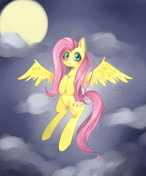 Size: 1181x1417 | Tagged: dead source, safe, artist:御喵子w, fluttershy, pegasus, pony, g4, cute, female, mare, moon, shyabetes, solo