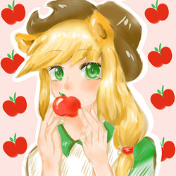 Size: 600x600 | Tagged: dead source, safe, artist:御喵子w, applejack, equestria girls, g4, apple, cute, female, food, jackabetes, solo