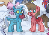 Size: 163x119 | Tagged: safe, oc, oc only, oc:crimsonwing, oc:fleurbelle, oc:smooth walker, alicorn, pony, pony town, alicorn oc, apple, female, fleurwing, food, pixel art, snow