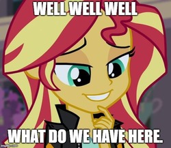 Size: 519x451 | Tagged: safe, edit, edited screencap, screencap, sunset shimmer, equestria girls, g4, my little pony equestria girls: friendship games, bedroom eyes, caption, image macro, impact font, pleased, text