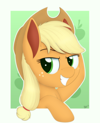 Size: 3232x3970 | Tagged: safe, artist:arcane-thunder, applejack, earth pony, pony, g4, bust, cowboy hat, female, freckles, hat, high res, mare, portrait, simple background, smiling, solo, stetson