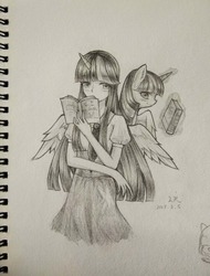 Size: 2360x3100 | Tagged: dead source, safe, artist:云观雾里, twilight sparkle, alicorn, human, pony, equestria girls, g4, alicorn humanization, book, female, high res, horn, horned humanization, humanized, magic, mare, monochrome, traditional art, winged humanization, wings