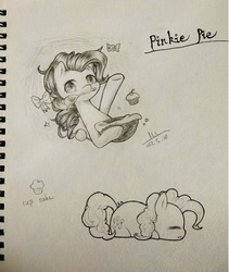 Size: 2524x2996 | Tagged: dead source, safe, artist:云观雾里, pinkie pie, earth pony, pony, g4, cupcake, female, food, high res, lineart, mare, monochrome, mouth hold, ponyloaf, sleeping, solo, traditional art, waving