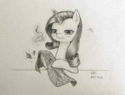 Size: 2780x2116 | Tagged: dead source, safe, artist:云观雾里, rarity, pony, unicorn, g4, female, high res, magic, mare, monochrome, solo, thread, traditional art