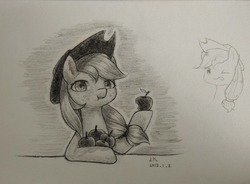 Size: 2972x2192 | Tagged: dead source, safe, artist:云观雾里, applejack, earth pony, pony, g4, apple, eating, female, food, high res, looking at you, mare, monochrome, solo, traditional art