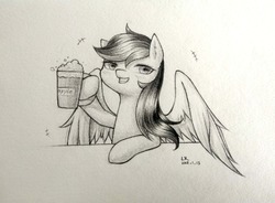 Size: 2964x2176 | Tagged: dead source, safe, artist:云观雾里, rainbow dash, pegasus, pony, g4, cider, female, high res, mare, monochrome, solo, tankard, traditional art