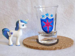 Size: 1024x768 | Tagged: safe, artist:malte279, shining armor, g4, coaster, cork, craft, cutie mark, glass, glass painting, pyrography, shot glass, traditional art