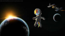 Size: 1280x720 | Tagged: safe, artist:wavecipher, rainbow dash, pony, g4, astronaut, female, floating, lost, moon, planet, satellite, solo, space, spacesuit, stars, sun