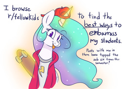 Size: 1280x939 | Tagged: safe, artist:heir-of-rick, princess celestia, alicorn, pony, g4, 30 rock, :p, backwards ballcap, baseball cap, cap, clothes, cute, dialogue, female, hat, hoodie, how do you do fellow kids, looking at you, magic, mare, no pupils, reddit, shirt, silly, simple background, skateboard, solo, tongue out, trollestia, white background