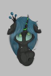 Size: 862x1268 | Tagged: source needed, safe, artist:groomlake, queen chrysalis, changeling, changeling queen, g4, blushing, chest fluff, colored, crown, female, fluffy, gray background, jewelry, looking up, love, regalia, simple, simple background, spots
