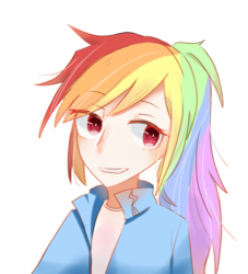 Size: 1000x1100 | Tagged: dead source, safe, alternate version, artist:旗桦, rainbow dash, human, g4, female, humanized, looking at you, simple background, solo, white background