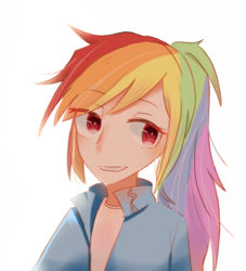 Size: 1000x1100 | Tagged: dead source, safe, artist:旗桦, rainbow dash, human, g4, female, humanized, looking at you, simple background, solo, white background