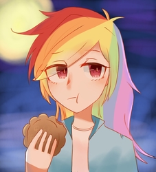 Size: 1000x1100 | Tagged: dead source, safe, artist:旗桦, rainbow dash, human, g4, clothes, eating, female, food, humanized, moon, mooncake, shirt, solo