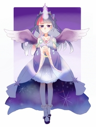 Size: 960x1280 | Tagged: dead source, safe, artist:旗桦, twilight sparkle, alicorn, human, g4, alicorn humanization, clothes, crown, dress, female, horn, horned humanization, humanized, jewelry, magic, regalia, solo, twilight sparkle (alicorn), winged humanization, wings