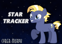 Size: 2044x1448 | Tagged: safe, artist:cyber-murph, star tracker, earth pony, pony, g4, once upon a zeppelin, season 7, excited, freckles, raised hoof, signature, stars