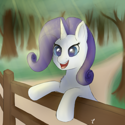 Size: 1500x1500 | Tagged: safe, artist:vladislav_180, rarity, pony, g4, crepuscular rays, cute, female, fence, forest, outdoors, path, raribetes, smiling, solo, tree