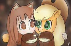 Size: 2000x1300 | Tagged: safe, artist:vladislav_180, applejack, earth pony, pony, g4, horo, spice and wolf