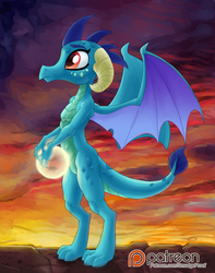 Size: 1183x1500 | Tagged: safe, artist:smudge proof, princess ember, dragon, g4, breasts, delicious flat chest, dragon lands, featureless breasts, featureless crotch, female, orb, patreon, patreon logo, solo, sunset