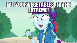 Size: 600x337 | Tagged: safe, edit, edited screencap, screencap, rainbow dash, equestria girls, g4, my little pony equestria girls: better together, sic skateboard, eating, food, geode of super speed, lettuce, magical geodes, memeful.com, public service announcement