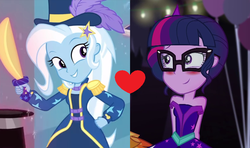 Size: 815x481 | Tagged: safe, edit, sci-twi, trixie, twilight sparkle, equestria girls, g4, my little pony equestria girls: better together, my little pony equestria girls: legend of everfree, street magic with trixie, female, lesbian, ship:sci-twixie, ship:twixie, shipping, shipping domino