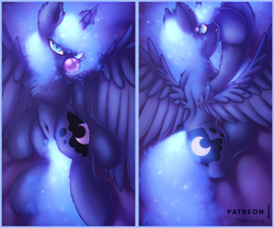 Size: 3000x2500 | Tagged: safe, artist:shad0w-galaxy, princess luna, alicorn, pony, g4, bed, bedroom eyes, belly, belly button, bubblegum, censored, ear fluff, ethereal mane, ethereal tail, female, food, glowing mane, glowing tail, gum, high res, lying down, patreon, patreon logo, patreon preview, preview, ribcage, shiny, solo, spine, spread wings, wings