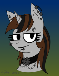 Size: 1384x1789 | Tagged: safe, artist:derpanater, oc, oc only, oc:littlepip, pony, unicorn, fallout equestria, bust, ear piercing, eyebrow piercing, fanfic, fanfic art, female, goth, gradient background, horn, looking at you, mare, nose piercing, piercing, portrait, solo