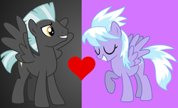 Size: 961x584 | Tagged: safe, artist:chainchomp2 edits, artist:skie-vinyl, edit, cloudchaser, thunderlane, pony, g4, eyes closed, female, heart, male, mare, raised hoof, ship:thunderchaser, shipping, shipping domino, spread wings, stallion, straight, wings