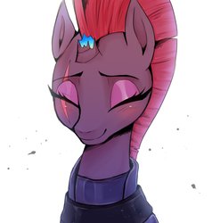 Size: 1131x1189 | Tagged: safe, artist:hosikawa, fizzlepop berrytwist, tempest shadow, pony, unicorn, my little pony: the movie, :3, adorable face, armor, blushing, broken horn, bust, cute, eye scar, eyes closed, eyeshadow, female, horn, makeup, mare, portrait, pretty pretty tempest, scar, simple background, smiling, solo, sparkles, tempestbetes, when she smiles, white background
