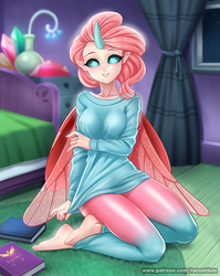 Size: 796x1000 | Tagged: safe, artist:racoonsan, ocellus, changedling, changeling, human, season 8, barefoot, bed, book, breasts, busty ocellus, clothes, curtains, cute, diaocelles, elf ears, feet, female, horned humanization, humanized, kneeling, looking at you, moe, older, older ocellus, smiling, solo, toes, window, winged humanization, wings