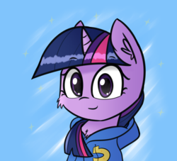 Size: 2443x2215 | Tagged: safe, artist:artiks, twilight sparkle, pony, g4, blue background, cheek fluff, chest fluff, clothes, ear fluff, female, high res, hoodie, looking at you, mare, simple background, smiling, solo, stars, wondercolts uniform