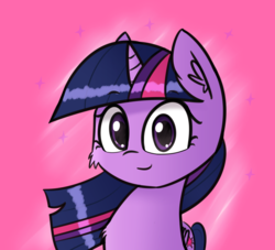 Size: 2443x2215 | Tagged: safe, alternate version, artist:artiks, twilight sparkle, alicorn, pony, g4, cheek fluff, chest fluff, ear fluff, female, high res, looking at you, mare, pink background, simple background, smiling, solo, stars, twilight sparkle (alicorn)