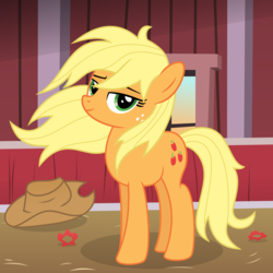Size: 2000x2000 | Tagged: safe, artist:tacobender, applejack, earth pony, pony, g4, applejack's hat, barn, cowboy hat, female, freckles, hat, hatless, hay, high res, long hair, looking at you, loose hair, mane down, mare, missing accessory, show accurate, smiling, solo, vector, windswept mane