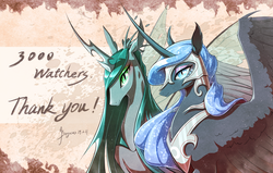 Size: 1753x1116 | Tagged: safe, artist:begasus, nightmare moon, queen chrysalis, alicorn, changeling, changeling queen, pony, g4, female, lesbian, mare, milestone, ship:chrysmoon, shipping, signature, smiling