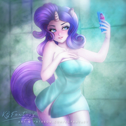 Size: 900x900 | Tagged: safe, artist:kgfantasy, rarity, anthro, g4, breasts, busty rarity, female, grin, human facial structure, naked towel, phone, selfie, shower, smiling, solo, towel