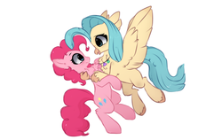 Size: 2050x1296 | Tagged: dead source, safe, artist:php146, pinkie pie, princess skystar, earth pony, pony, g4, chest fluff, cute, female, lesbian, looking at each other, mare, ship:skypie, shipping, simple background, white background